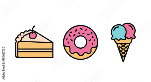 Colorful Flat Design Dessert Icons Cake Donut and Ice Cream