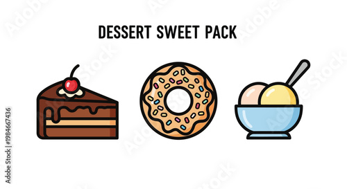 Dessert Sweet Pack Icon Set with Cake Donut and Ice Cream