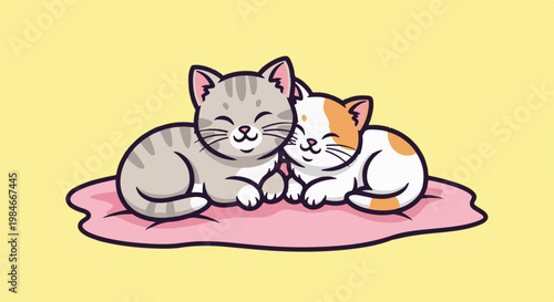 Two adorable cartoon kittens snuggled together on a pink cushion