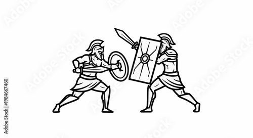 Two ancient warriors in combat, one advances with sword and shield
