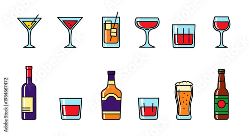 Colorful Alcohol Beverages and Cocktail Icons Set on White