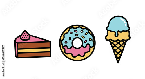 Cartoon Dessert Icons Set with Slice of Cake Donut and Ice Cream