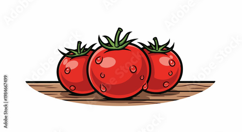 Three shiny red tomatoes with water droplets on a wooden surface