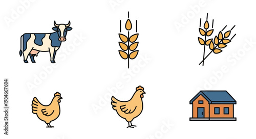 Agriculture and Farming Icon Set with Cow Chicken and Wheat