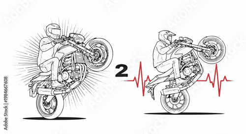 Two bikers perform wheelies with artistic flair, one with radiating lines, the other with pulse