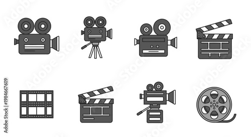 Cinema and movie production equipment flat vector icon set