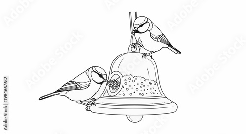 Two birds eating seeds from a bell-shaped feeder