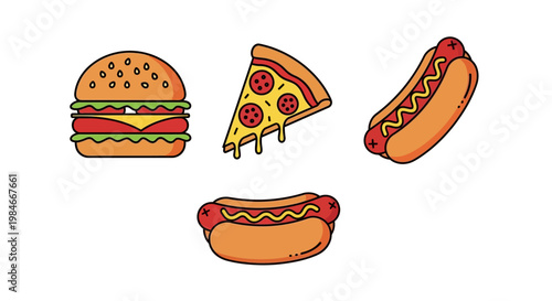 Fast Food Icon Set Featuring Burger Pizza and Hot Dog