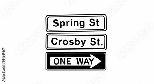 Three street signs, two naming streets and one indicating one way