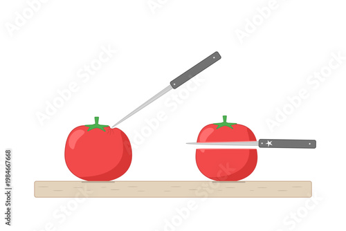 Sharp and dull kitchen knife slicing tomato comparison. Conceptual difference between sharp and dull knife through the act of slicing tomato, emphasizing efficiency and safety. Vector illustration