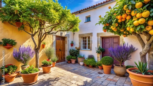 Wallpaper Mural Sun-drenched Courtyard with Vibrant Flowers, Lush Greenery, and Fruit Trees in Terracotta Pots Torontodigital.ca