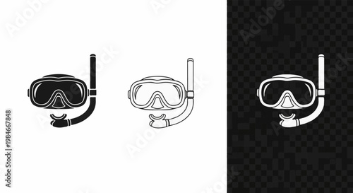 Three stylized snorkel mask icons on white and checkered backgrounds