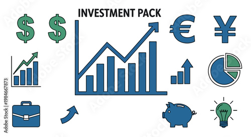 A detailed, digitally illustrated set of financial investment icons featuring currency symbols, upward trending graphs, charts, a briefcase, a piggy bank, an idea lightbulb, and various upwa