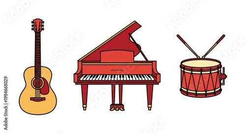 A vibrant assortment of musical instruments rendered in a sleek, minimalist style. Features an acoustic guitar, a grand piano, and a snare drum, providing decorative elements for themes rela