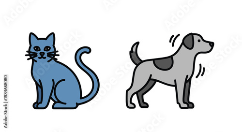 Minimalist vector illustration of a sitting blue cat with black whiskers and tail alongside a standing gray dog with black spots and wagging tail, isolated on a clean white background, repre