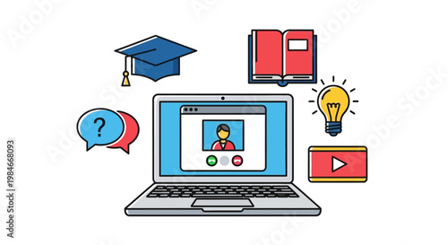 A vibrant digital vector design showing a laptop computer displaying an online video call session with university graduate elements such as a graduating hat, books, light bulb, and video pla