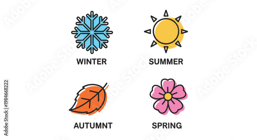 A vibrant and cheerful set of four vector icons representing the seasons of the year, including a snowflake for winter, a sun for summer, a leaf for autumn, and a flower for spring.