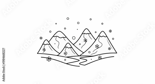 Stylized snowy mountain range with winding river and falling snowflakes