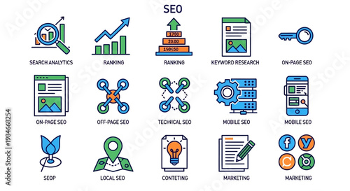 A detailed, colorful, and contemporary vector graphic depicting various icons representing digital marketing, SEO strategies, analytics, and online optimization processes in a modern busines