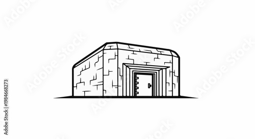 Stylized stone structure with a layered doorway and a door