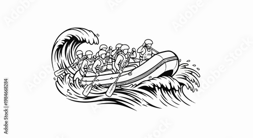 Team in raft navigates rough waters with paddles, facing a large wave