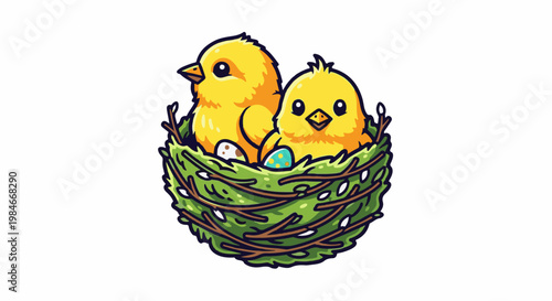 Two cute yellow chicks sit in a green nest with Easter eggs