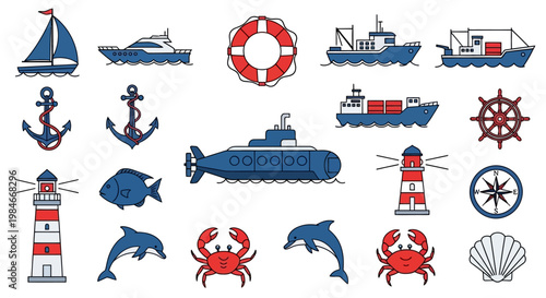 A vibrant and comprehensive vector graphic set showcasing various nautical elements, including boats, a submarine, marine life such as dolphins and crabs, and essential navigation items in a