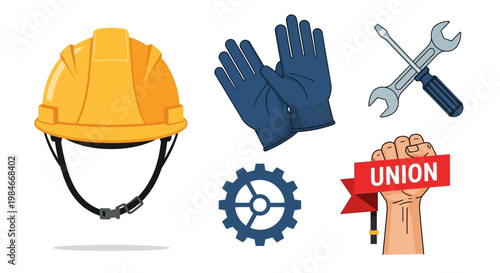 Labor union worker tools and protective gear vector graphic illustration