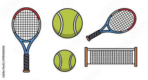 A vibrant and dynamic vector graphic showcasing various essential tennis equipment, including multiple tennis rackets, bright green tennis balls, and a compact net, all rendered in a clean, 