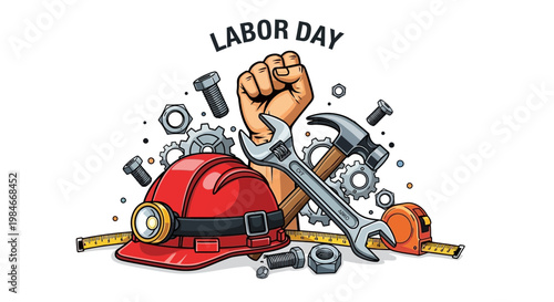 Labor day celebration with construction tools and workers fist