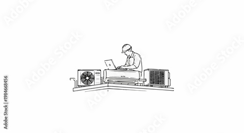Technician in hard hat uses laptop near air conditioning units