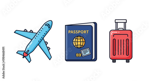 Travel Essentials Collection Showing Airplane Passport And Red Suitcase For Global Journeys And Vacation Planning Concept