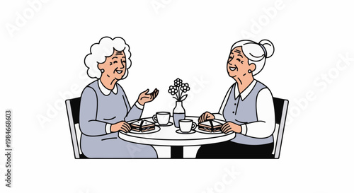 Two elderly women enjoying tea and sandwiches together at a table