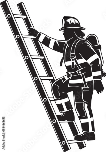 Firefighter ascending an extension ladder during a rescue operation