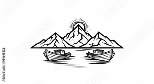 Two boats float on water before mountains with a rising sun