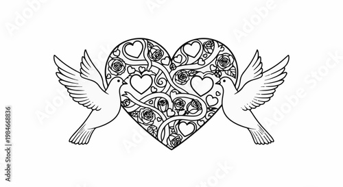 Two doves carrying a heart adorned with roses and smaller hearts
