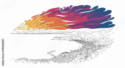 Stylized sunrise over a coastal town with a vibrant, abstract sky