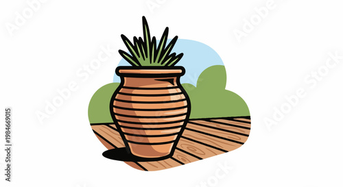 Terracotta pot with green plant on wooden deck, idyllic landscape
