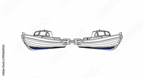 Two boats linked together by a chain, facing each other