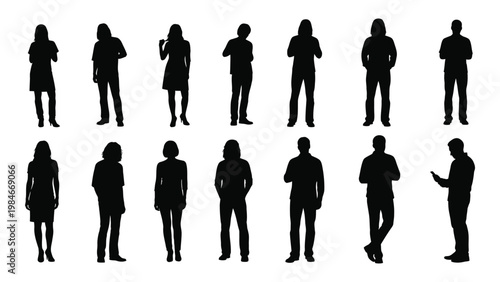 A collection of thirteen black silhouettes depicting various people in different poses and clothing high quality