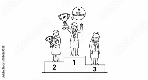 Three women on a winner's podium, one holding a trophy, another second place, and a third sad