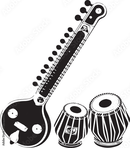 Traditional indian sitar with accompanying tablas in monochrome drawing