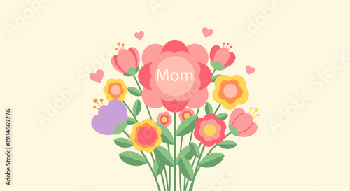 Heartfelt vector illustration of a cheerful flower bouquet with 'Mom' text, ideal for celebrating Mother's Day, maternal love, and special family bonds