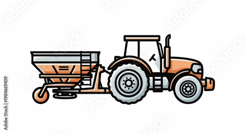 Stylized orange farm tractor pulling a granular spreader with large wheels