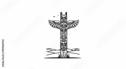 Stylized totem pole with carved faces and bird figures against a white background