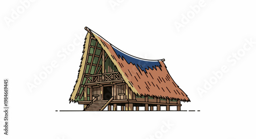 Stylized thatched-roof stilt house with wooden construction
