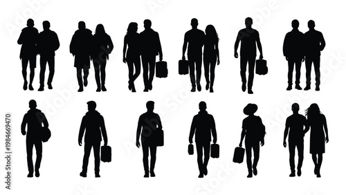 A collection of silhouetted figures mostly couples and individuals appear to be walking and shopping