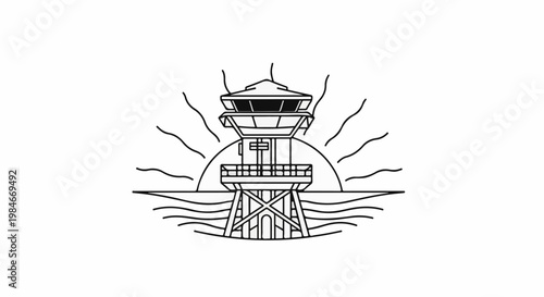 Stylized tower on stilts above wavy water, with sun rays