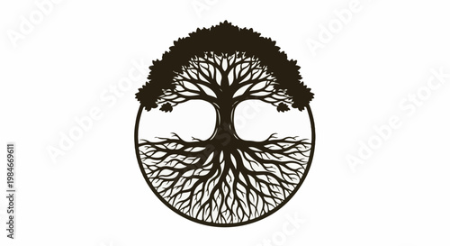 Stylized tree with full canopy and extensive root system within a circle