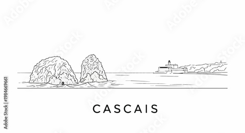 Stylized sketch of rocky islands and a coastline with buildings by the sea